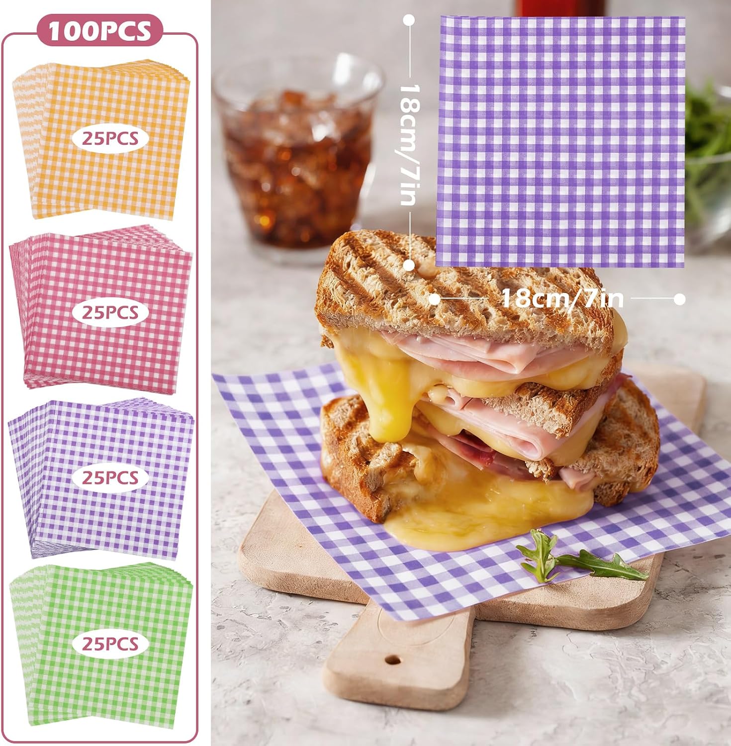 Baking Parchment Paper for Food Wrap 7 * 7 Inch, 100 Sheets Waxed Deli Papers for Cookie Burger Donuts Food Basket Liners, Gingham Pattern 4 Colors Combo