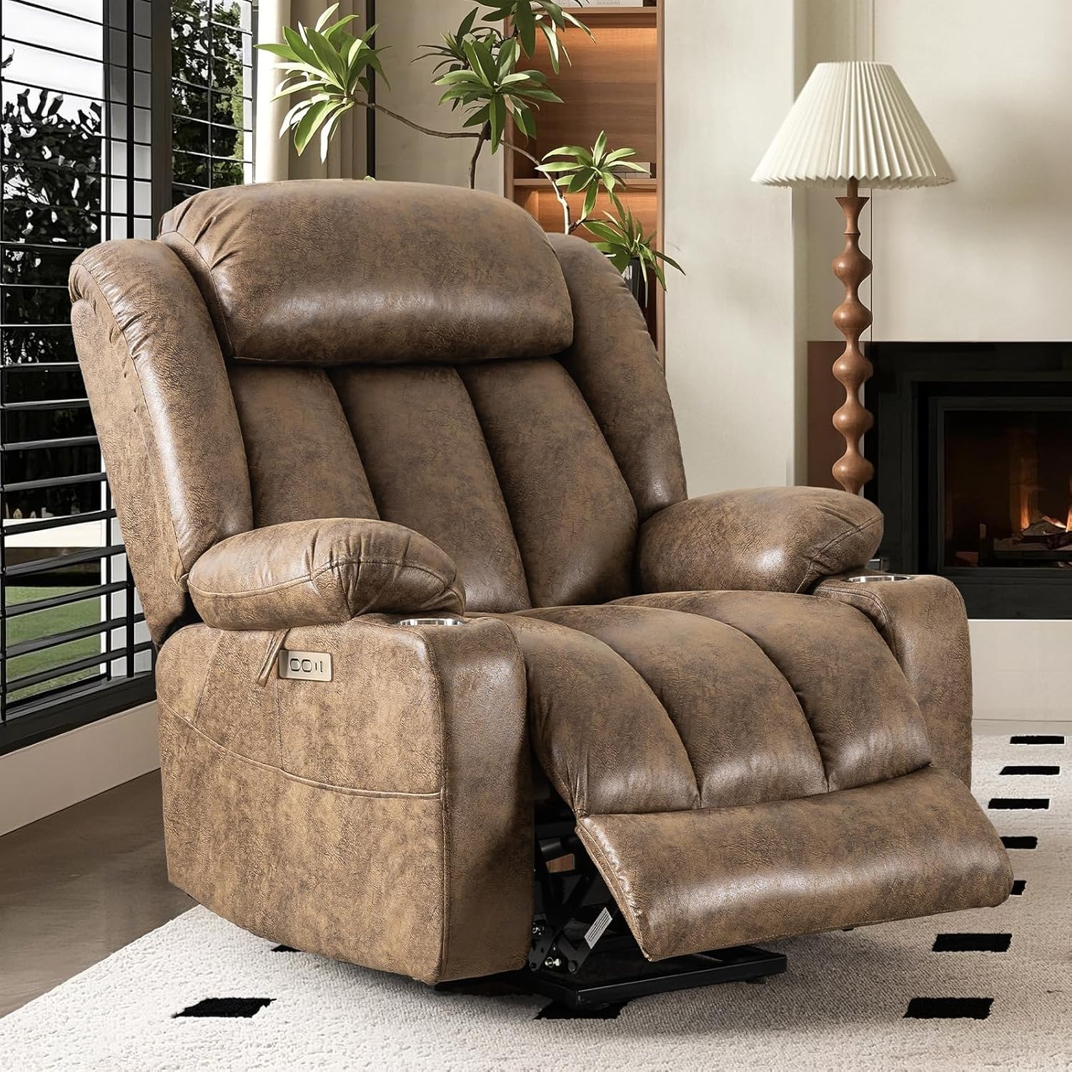 HUSFU Oversized Power Lift Recliner Chair with Massage and Heat for Elderly, Electric Leather Recliner with 2 Cup Holders, Side Pocket and USB Port,Brown
