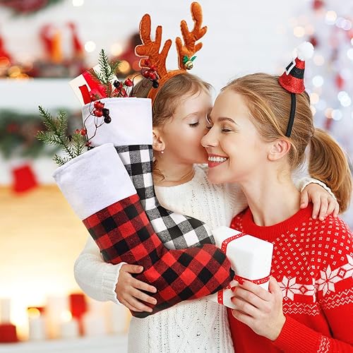 Miniatura 2 de Skylety 6 medias de Navidad de 15 pulgadas, medias clásicas para colgar en la chimenea, para decoración familiar de fiesta de Navidad (rojo, negro y