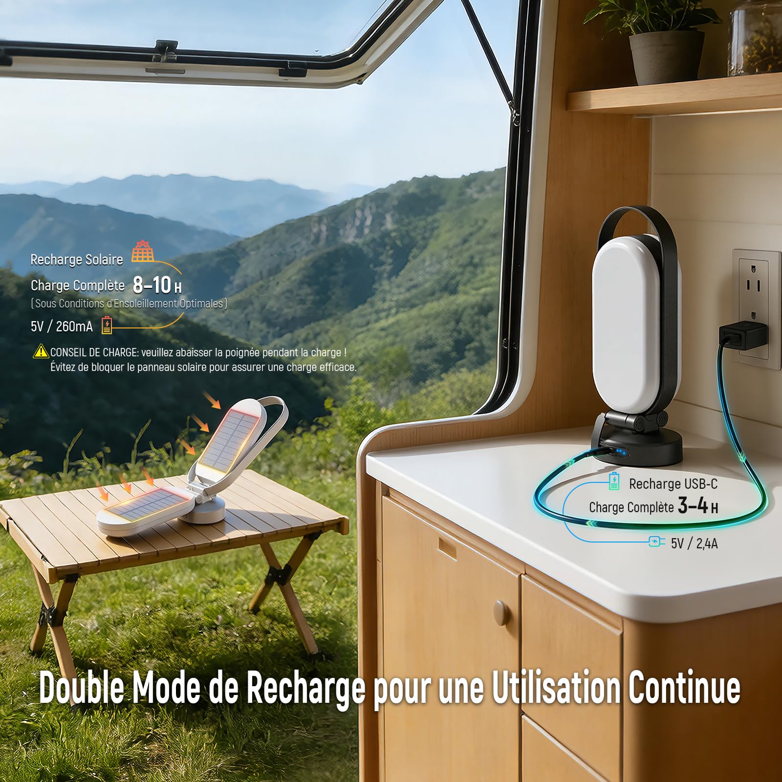 Jeebel Lampe de Camping Solaire, Lanterne LED Rechargeable Pliable avec Batterie Externe 5000mAh, Dimmable Tactile, 4 Modes, IP55, Lumière Tente pour Extérieur/Randonnée/Urgence/Pannes/Courant (Noir)