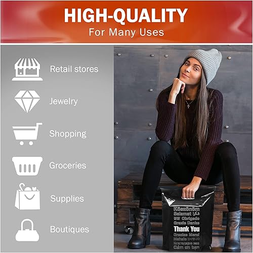 Miniatura 3 de Paquete de 100 bolsas de plástico negras con diseño de agradecimiento de 12 x 15 pulgadas con asas troqueladas de 2.0 mil de grosor, perfectas para