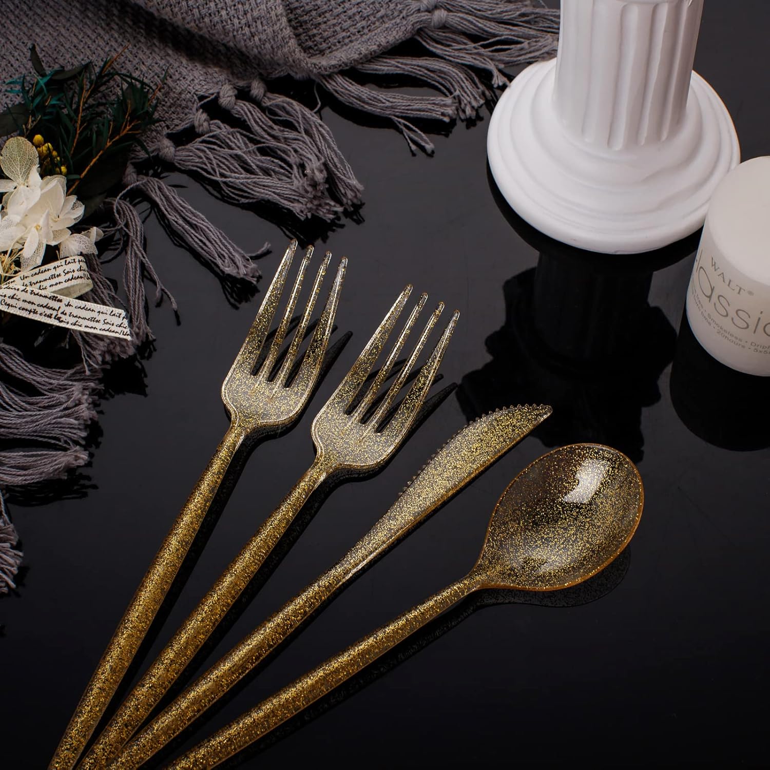 Supernal 180pcs Gold Plastic Silverware Durable Plastic Silverware Gold Glitter Color Party Cutlery Disposable Flatware Heavy Duty Include 60 Forks,60 Knvies,60 Spoons for Wedding,Birthday (Pack of 2)