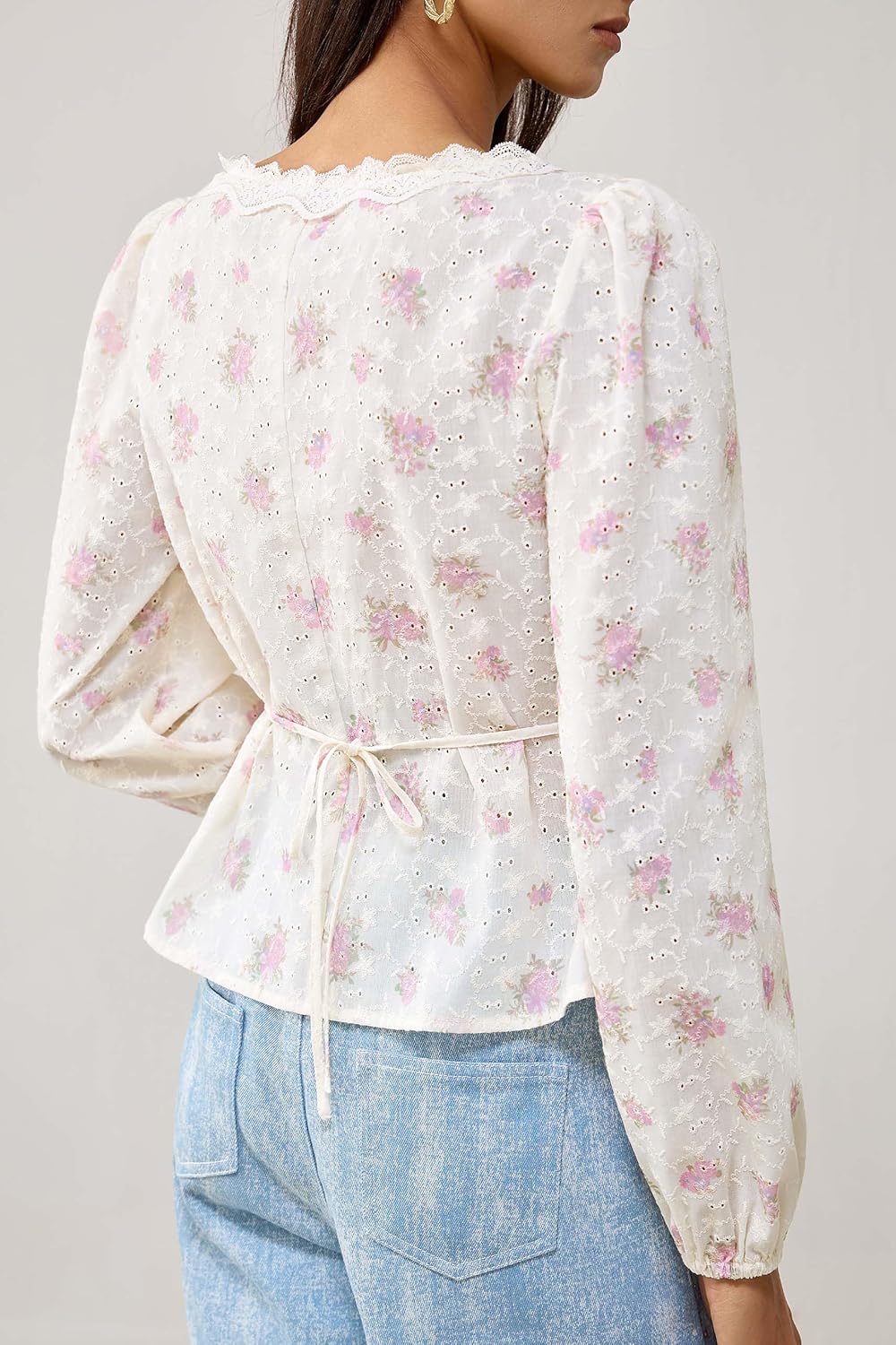 Women Blouse Lace Button V-Neck Shirt,Long Puff Sleeve Tie-Waist Cute Top - Image 3