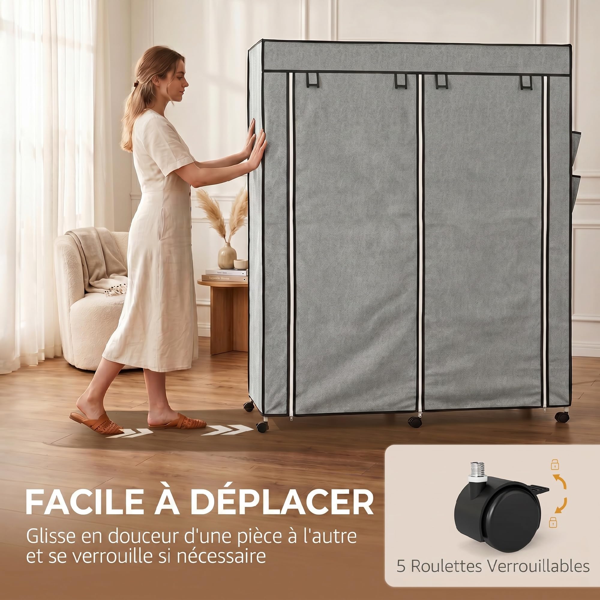 HOMCOM Armoire penderie en Tissu Mobile 10 roulettes 166x42,5x167cm Gris | Meuble de Rangement, 10 Compartiments, Barres de Suspension, Housse Anti-Poussière, Portes à Enrouler, Cadre en Acier