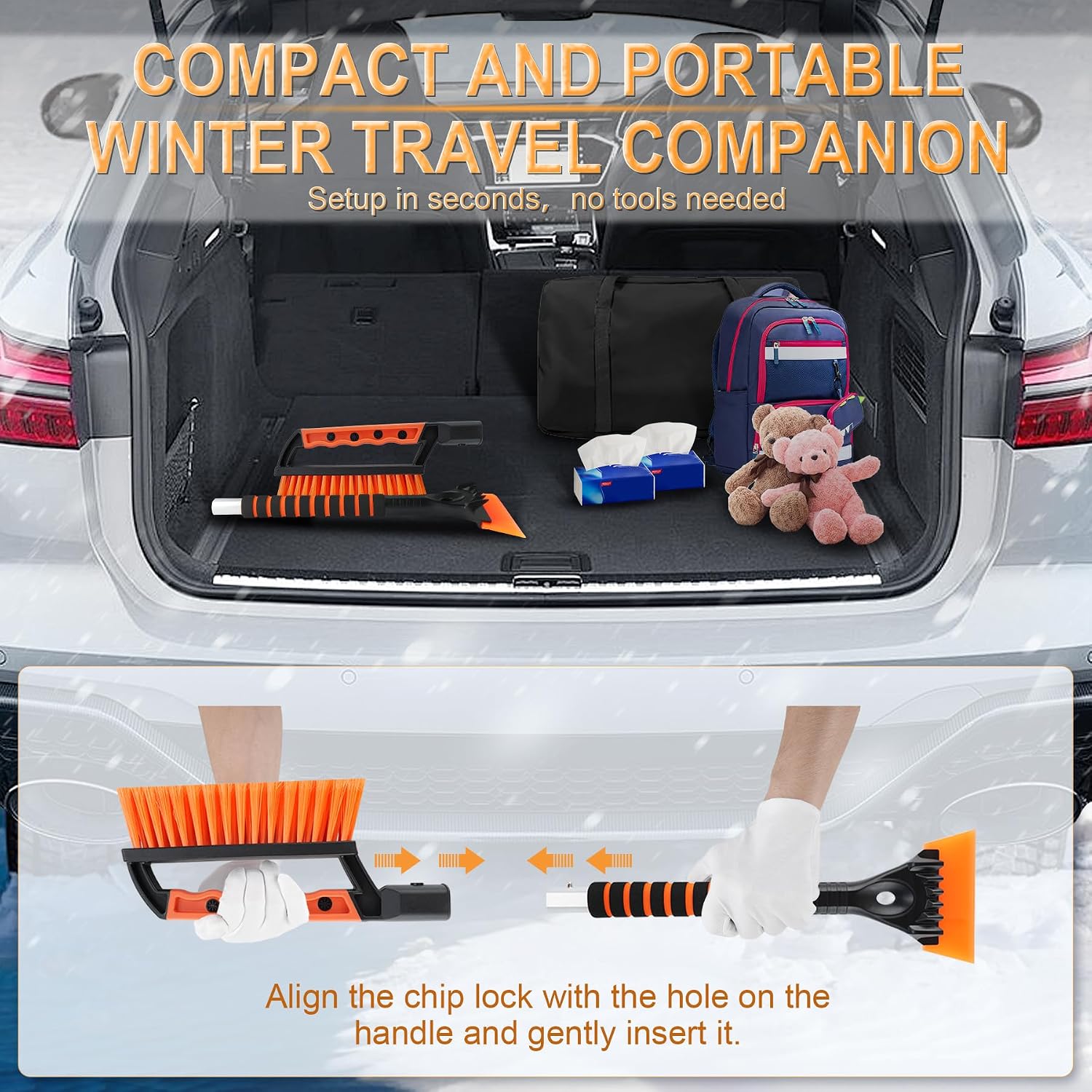 LivTee Ice Scraper and Snow Brush for Car Windshield, 24.75" Removable Snow Removal Tool, Automotive Exterior Accessories and Winter Essentials for Cars, Trucks, and SUVs,Orange
