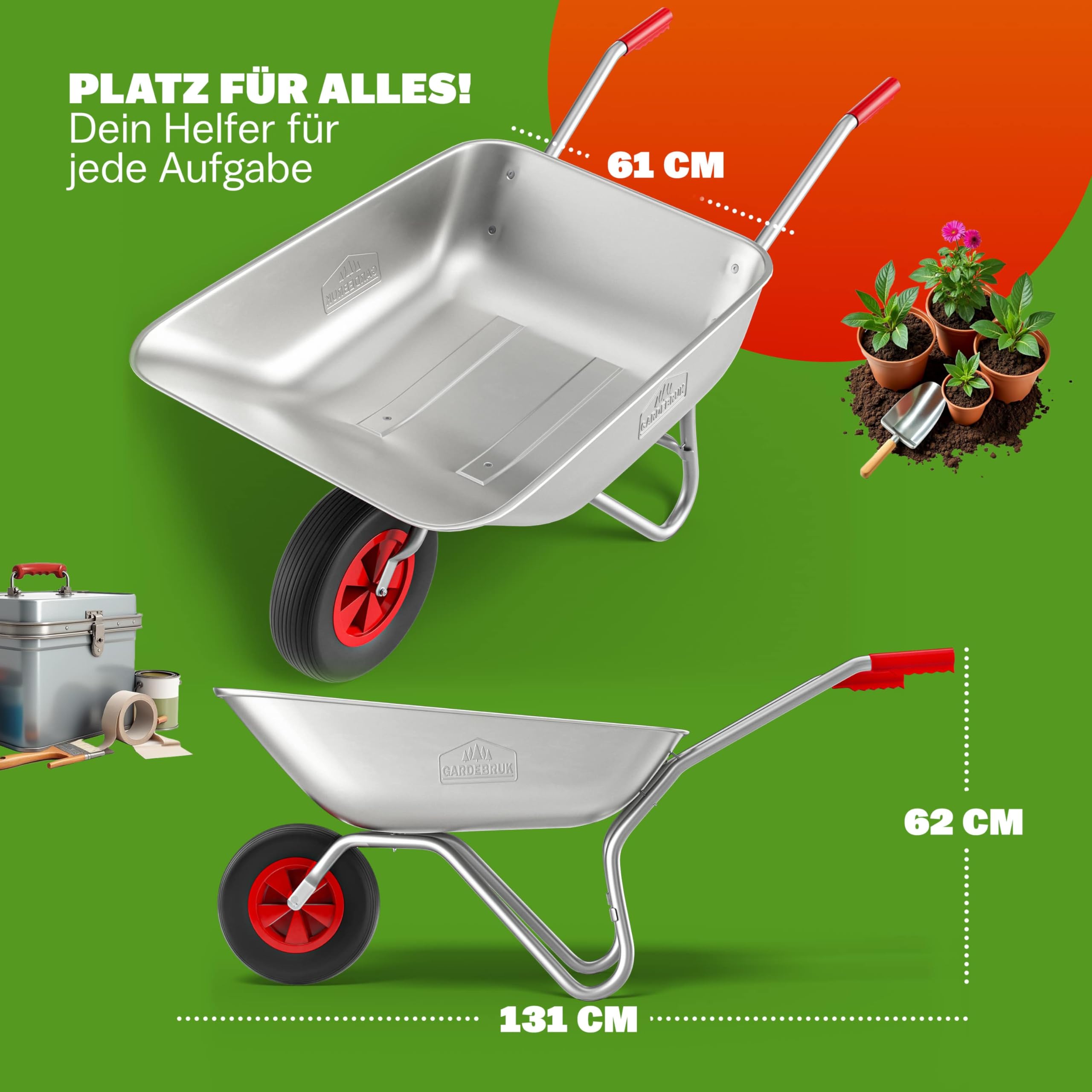 GARDEBRUK® Schubkarre 80 Liter bis 100kg Luftreifen mit Stahlfelge verzinkt Garten Bauschubkarre Gartenschubkarre