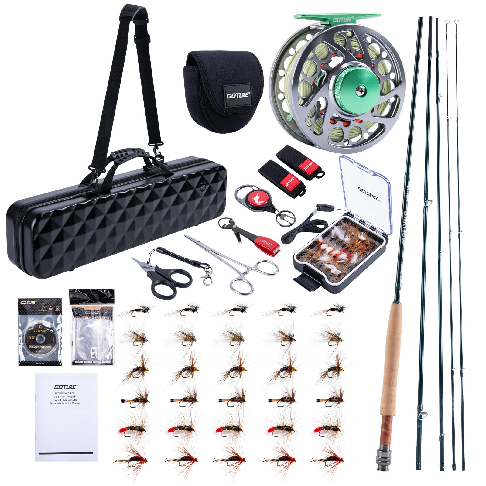Goture Fly Fishing Rod and Reel Combo with Fly Rod & Gear Case, 9FT 4-Piece Fly Rod, Pre-Spooled Reel, Fly Line, Flies, Leader, Tippet, Forceps, Nipper and Complete Starter Kit
