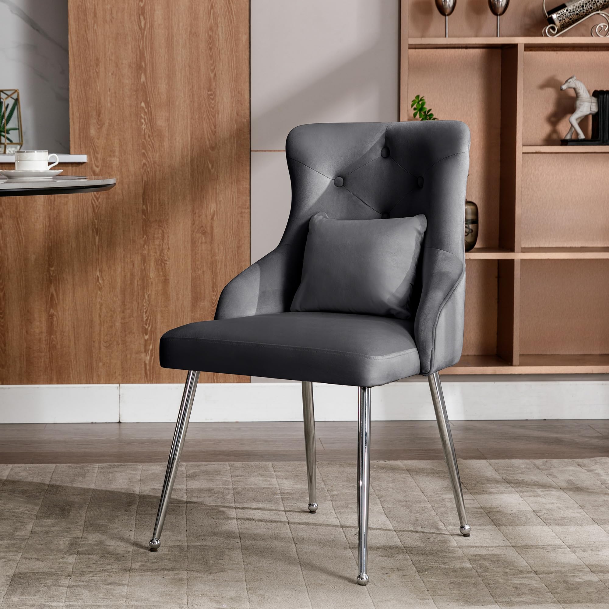 Erinnerda Modern Velvet Chair with Lumbar Support Cushion, Button-Decorated Backrest, Silver Metal Legs, Adjustable Foot Caps, Ideal for Dining Room, Bedroom, or Living Room, Grey