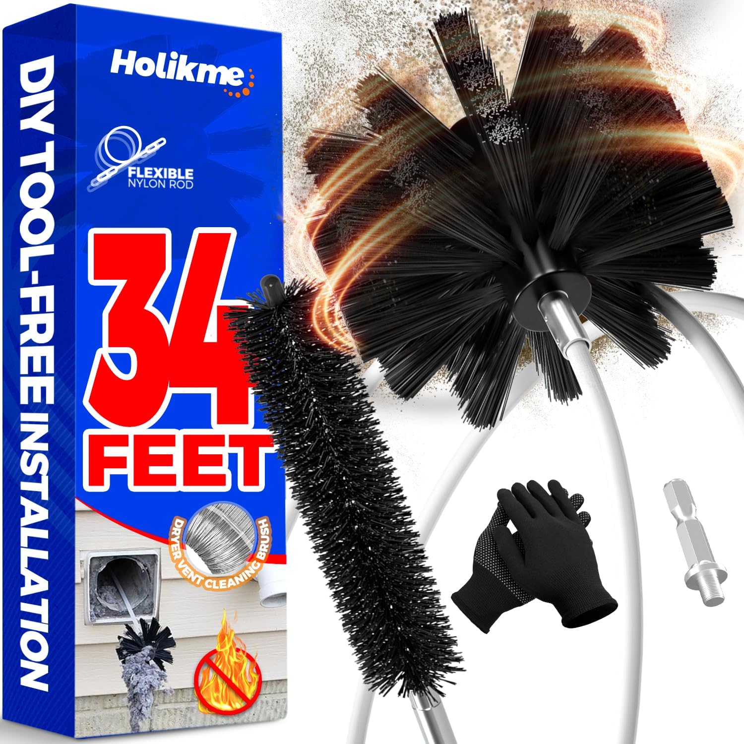 Holikme 35 Feet Dryer Vent Cleaner Kit, Flexible Lint Brush with Drill Attachment, Fireplace Chimney Brushes for Easy Cleaning, Use with or Without a Power Drill