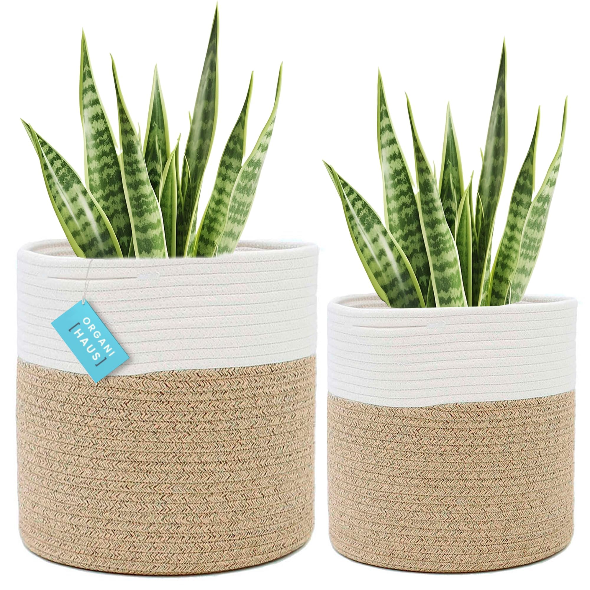 OrganiHaus Cesto Macetero Grande, 2 Unidades, Cesta Decorativa Estilo Boho Que Cubre Macetas, Cesta con Asa Oculta, Tiestos para Plantas de Interior Blanco/Marrón