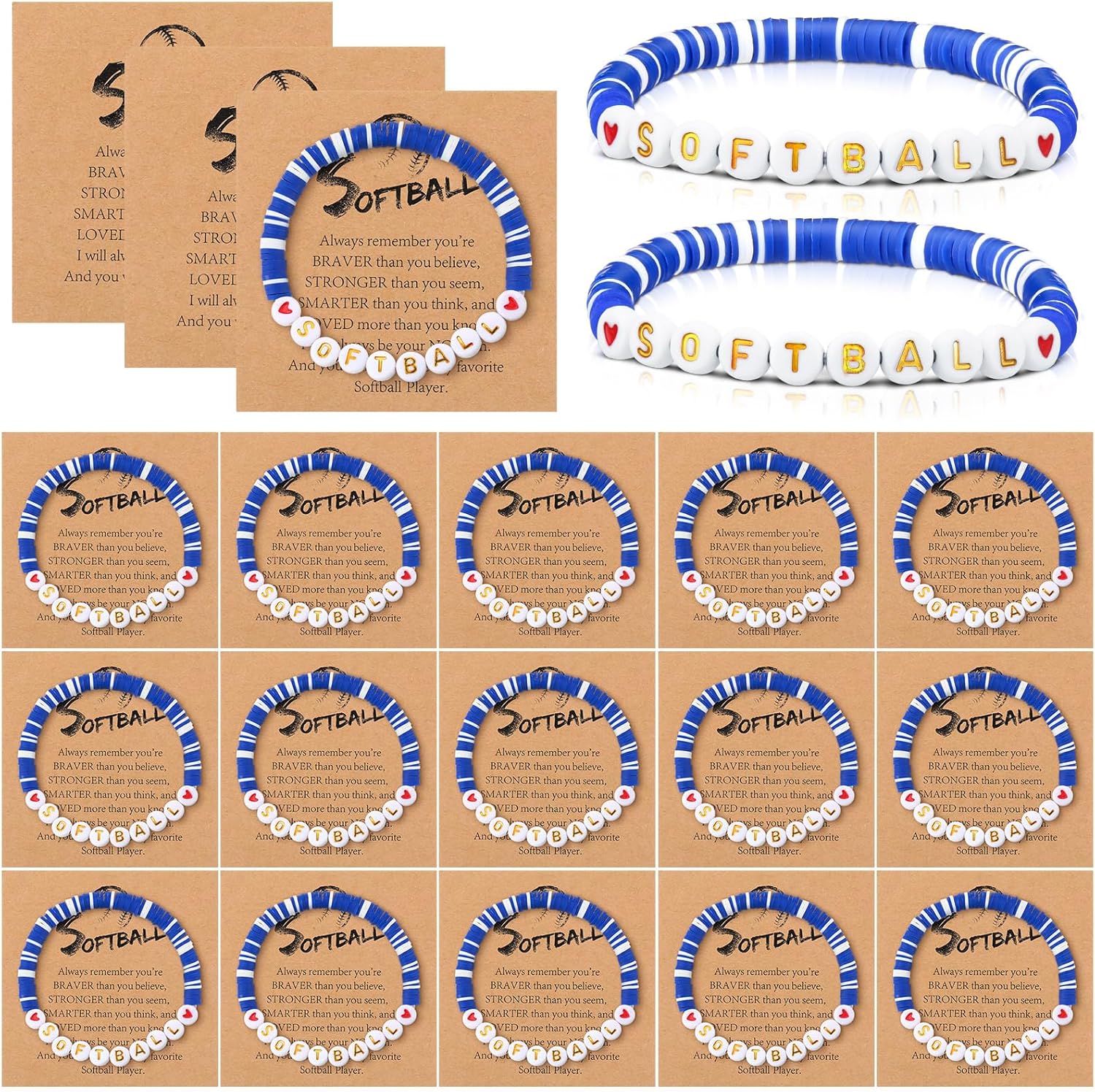Lunmon 20 Sets Softball Bracelets Soccer Baseball Sports Clay Beaded Bracelets with Inspirational Cards Sports Favors Christmas Party Gifts Christmas Stocking Stuffers