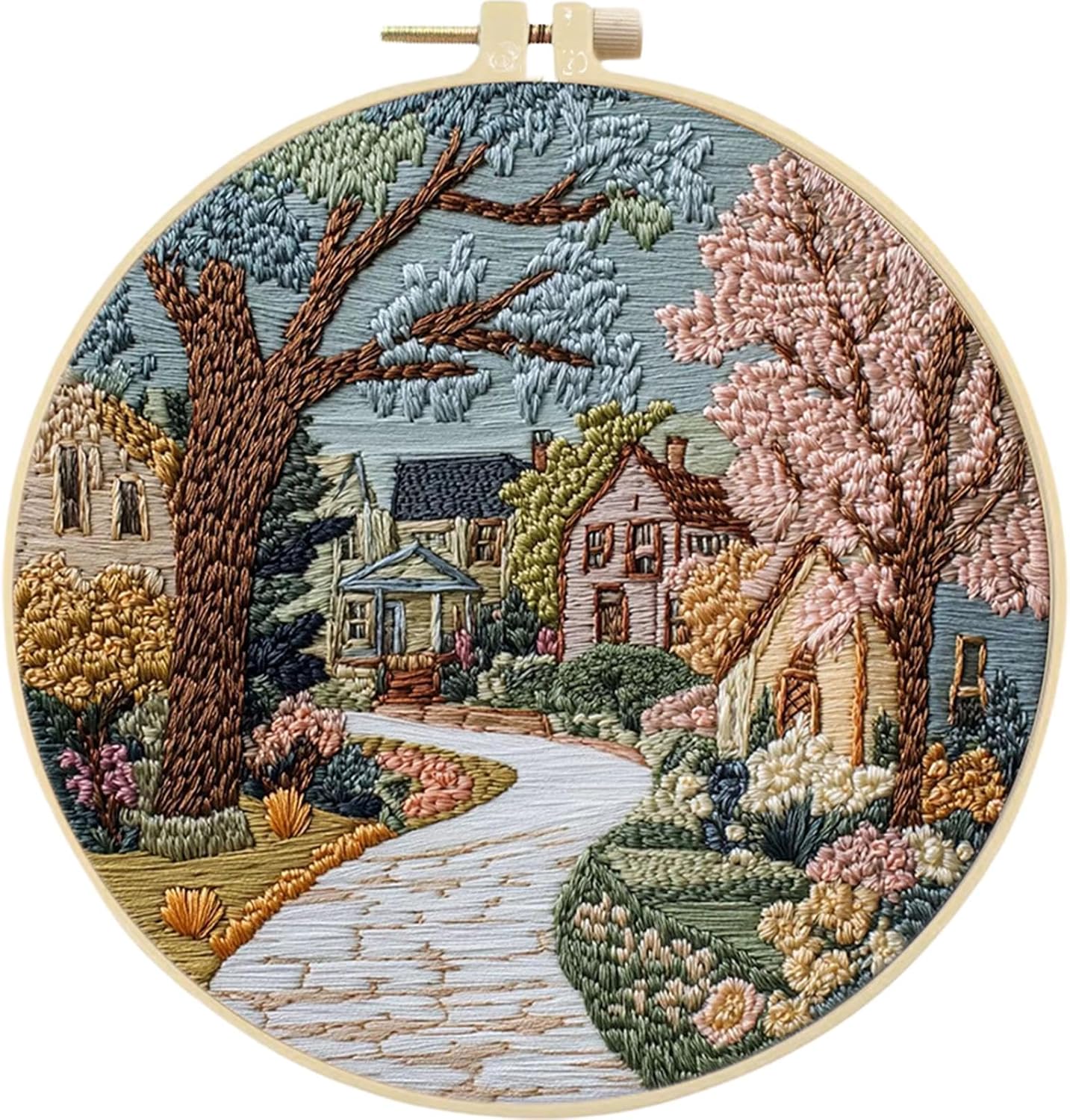 4 Pack Needlework Embroidery Kit for Beginners,Town Pattern Handmade Cross Stitch Sewing Craft Kit with Pre-Stamped Patterns,5.91 inch Hoop,Floss & Needles for Craft Lover Birthday Gifts 15x15cm
