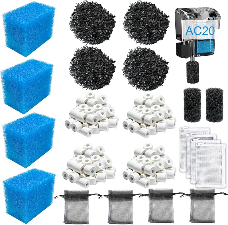 4-Set Media Maintenance Kit Fits Fluval AC20/Aquaclear 20 Power Filter for 5- to 20-Gallon Aquariums - Includes 4 Active Carbon Sponges, 4 Ceramic Rings, 2 Intake Strainer Sponges, 4 Foam Filters
