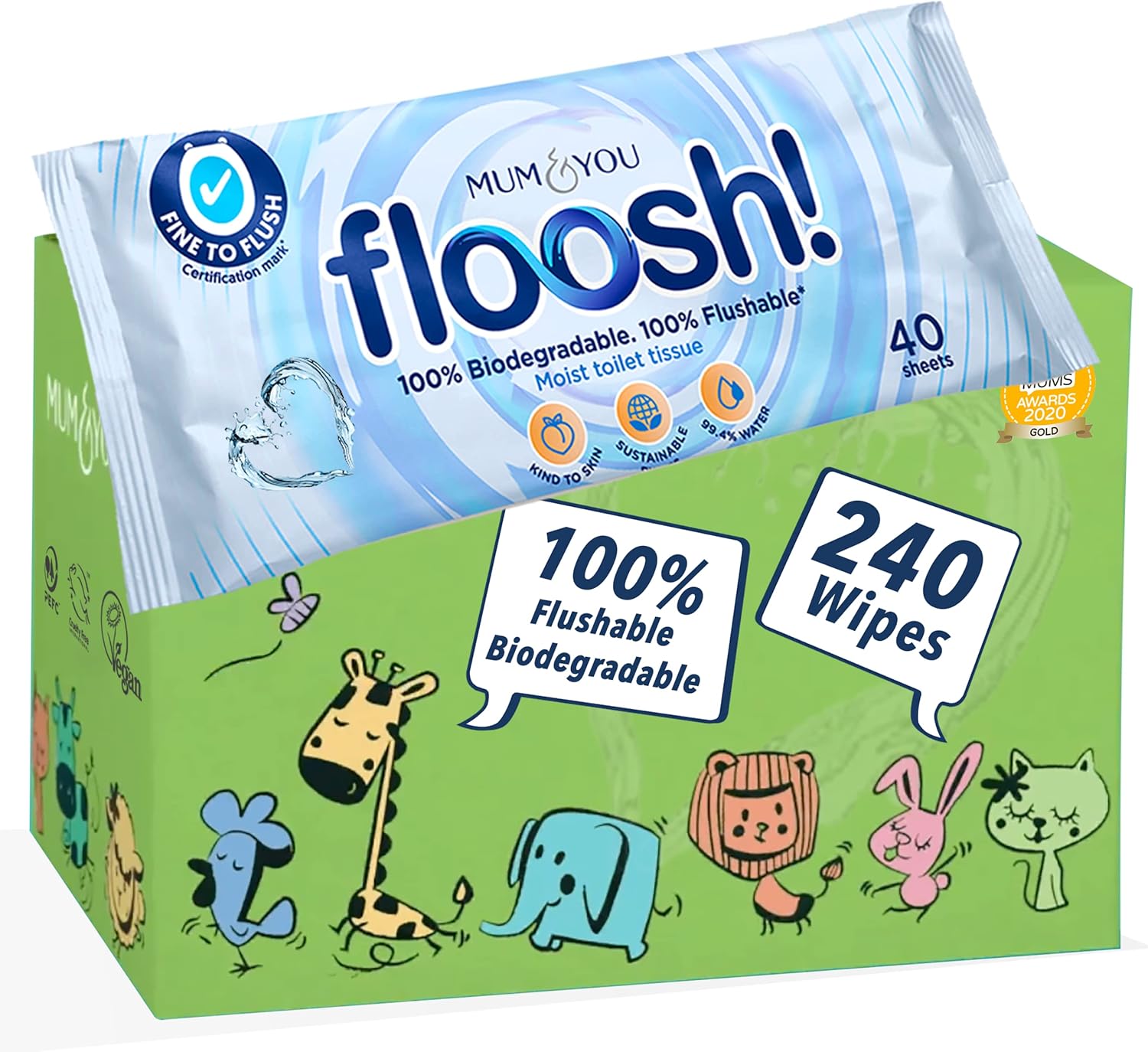 Mum and You Floosh Flushable Toilet Wipes, PlasticFree Biodegradable Wet Water Wipes (240