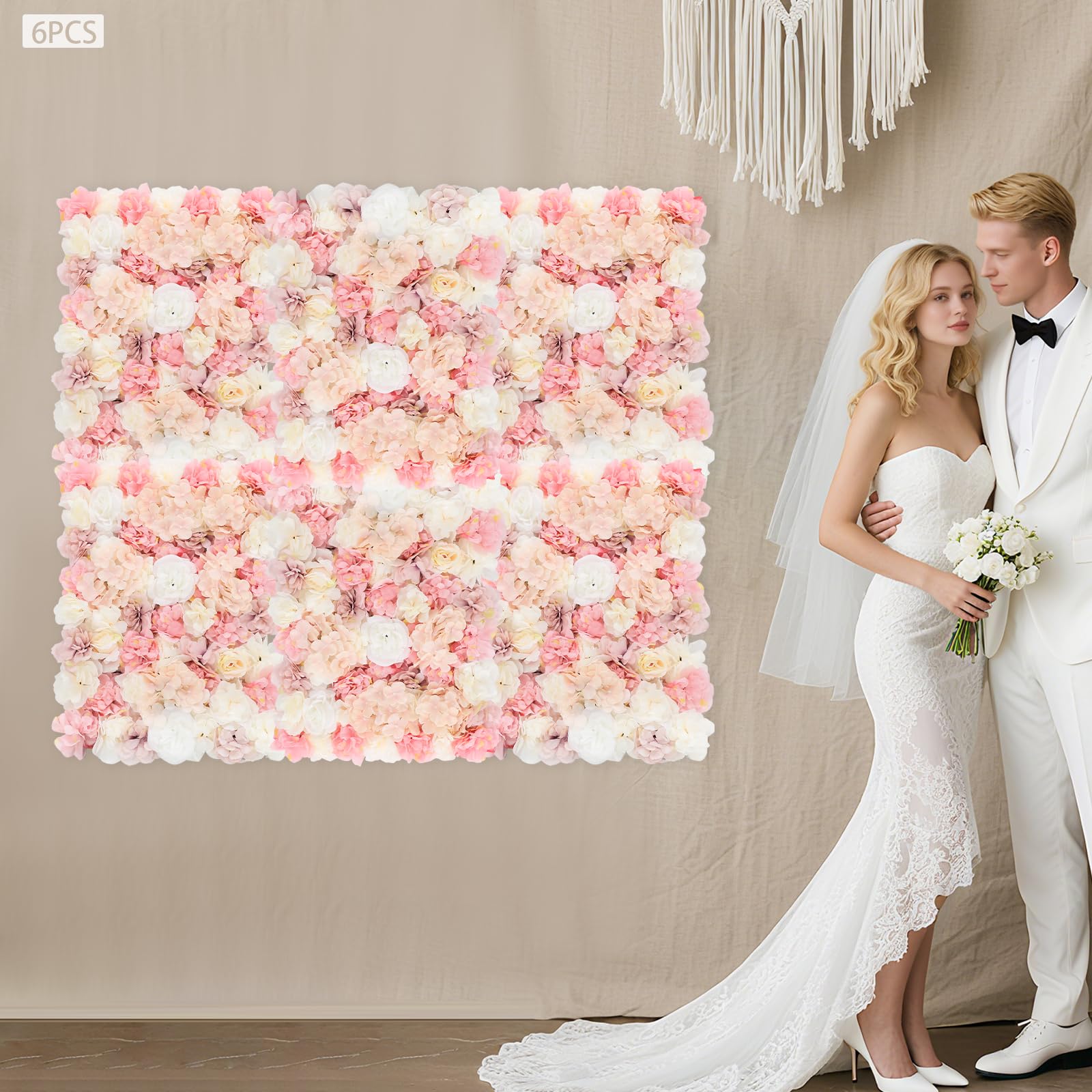 Pannello da parete con 6 fiori, decorazione da parete per matrimonio, decorazione da parete con rose in seta 3D, per palcoscenico, feste, foto, decorazione per la casa (bianco)