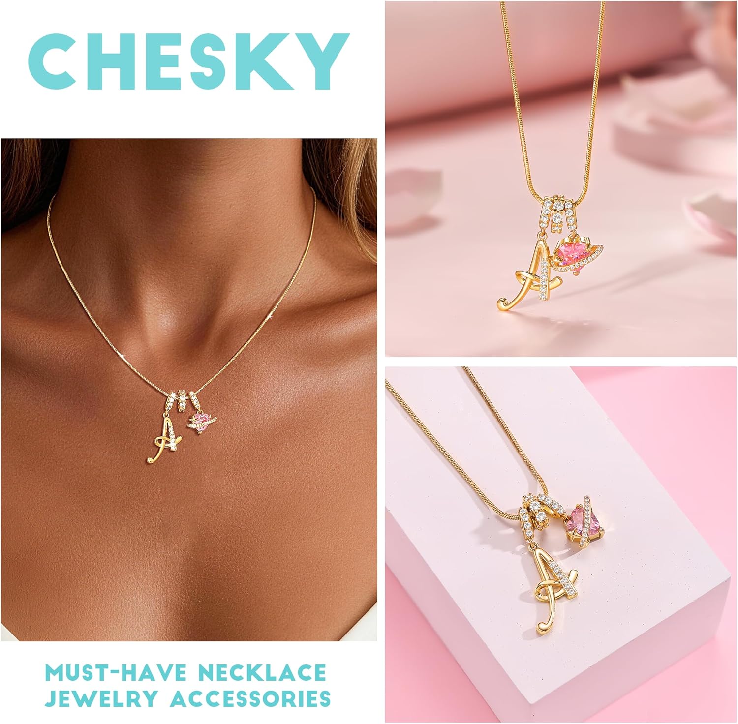 CHESKY Valentines Day Gifts - Heart Initial Necklaces for Women, 14K Gold Plated A-Z Letter Pendant Necklaces Dainty Monogram Name Necklace Personalized Heart Charm Necklaces Trendy Gold Jewelry - Image 4