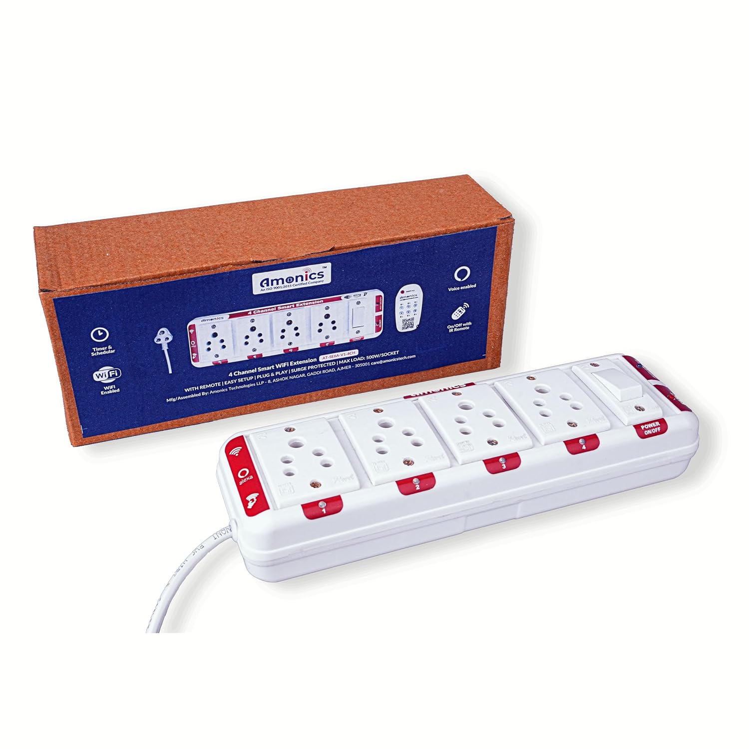 Amonics Smart Wi-Fi, Alexa & Remote Enabled 4 Way Power Socket Board Suitable for Home Appliances Automation & Controlled ...