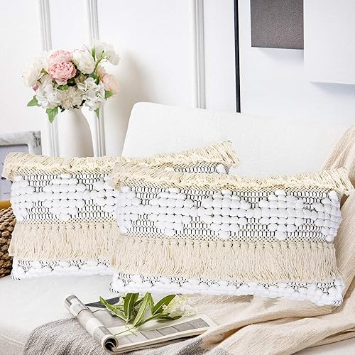 Miniatura 2 de Juego de 2 fundas de almohada lumbar decorativas bohemias de 12 x 20 pulgadas, tejidas a mano con flecos, de algodón, lindas fundas de almohada