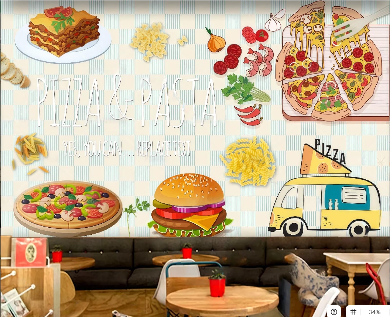 XDOUBAO Wallpaper Fashion Hand-Painted Pizza Shop Gourmet Burger Snack Afternoon Tea Western Restaurant Background Wall Wallpaper Coffee Shop Mural,3D,250x175cm