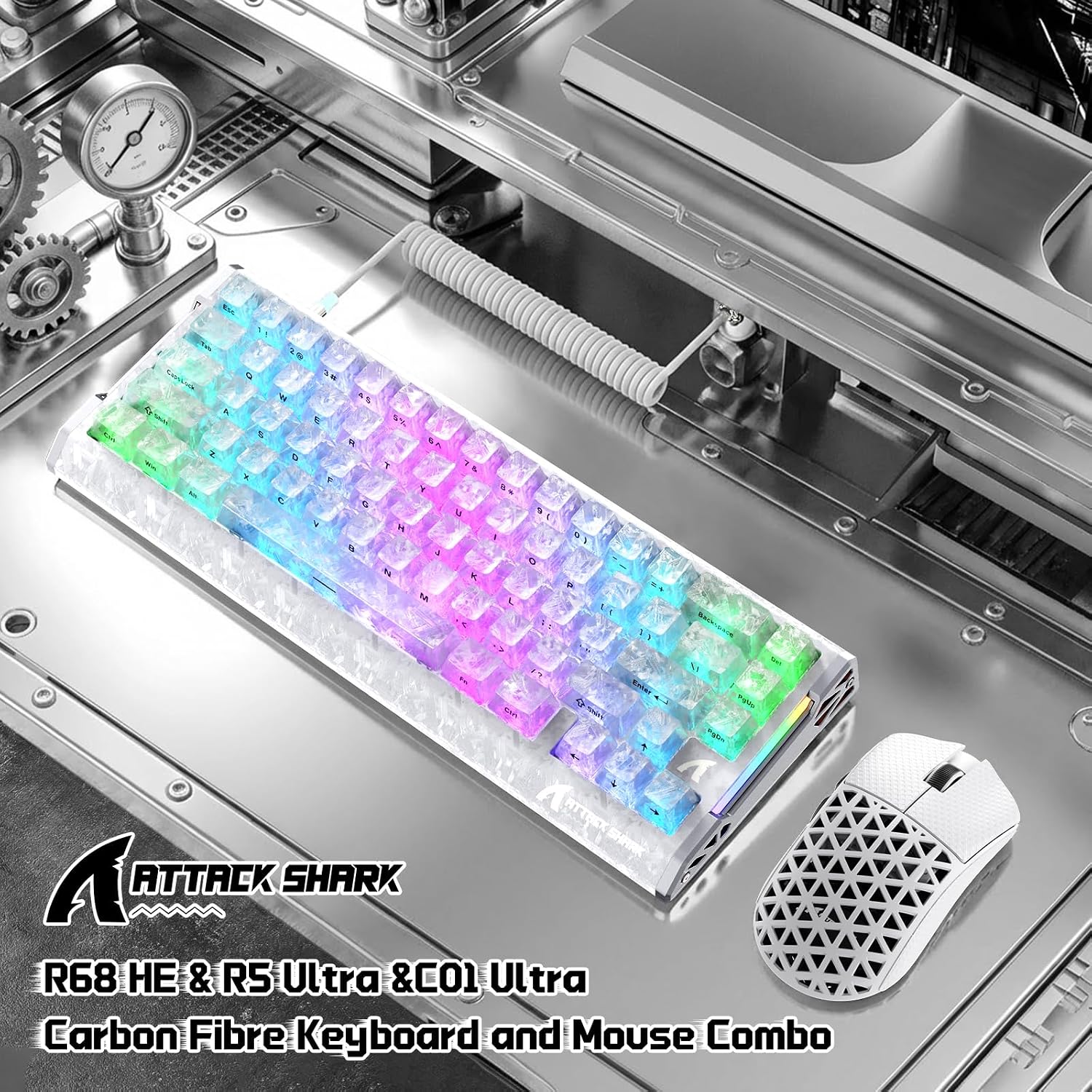 ATTACK SHARK Carbon Fiber R68 HE & R5 Ultra Gaming Keyboard and Mouse Combo, 8KHz Polling Rate Wired Keyboard with RGB Backlit, 39g Superlight, PAW3950 MAX 42000 DPI Wireless Mouse for PC/MAC White