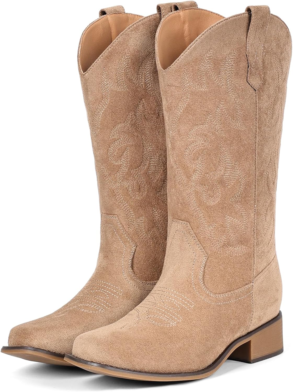 IUV Cowboy Boots For Women Square Toe Suede Mid Calf Western Cowgirl Boots with Chunky Heel