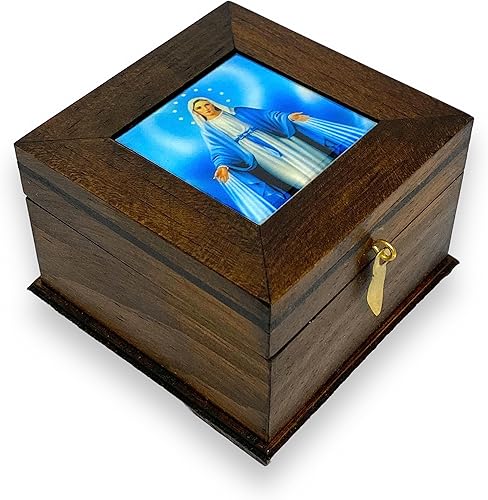 Nuestra Señora de Gracia Virgen María Madera Cuadrada Mini Caja Religiosa Regalo Religioso Rosario Baratija Recuerdo Caja Madera Virgen Milagrosa