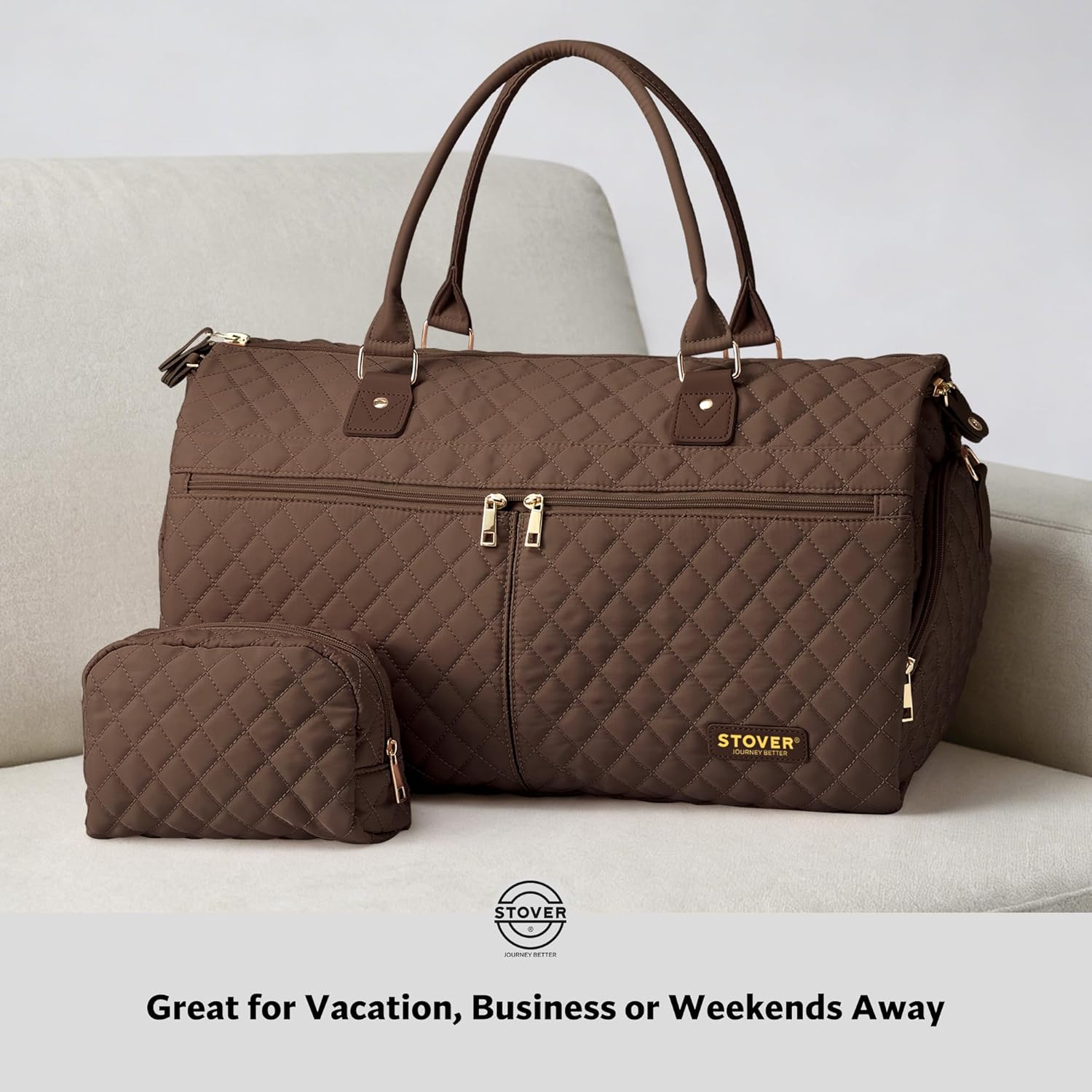 STOVER Women’s Convertible Garment Duffel Bag for Travel – 2-in-1 Carry-On Weekender/Overnight Tote - Wrinkle-Free Dresses, Suits & Clothes + Shoe Compartment & Bonus Toiletry Bag (Mocha Brown)