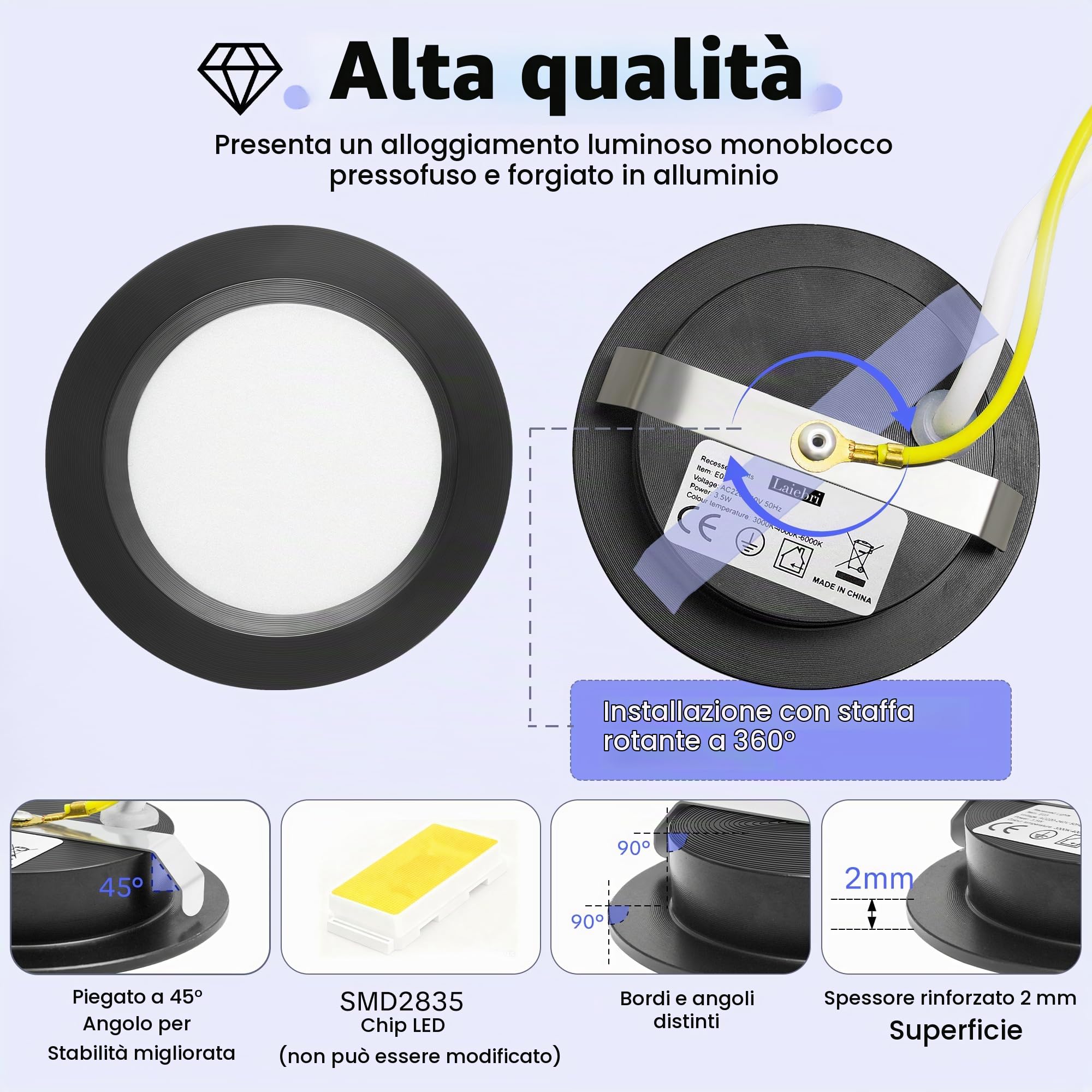 Set di 3 Faretti LED da Incasso per Cartongesso 220V, 3.5W Alluminio Faretto da Incasso 3000K 4000K 6000K, 300LM IP44 Faretti LED Soffitto Foro 55-58mm e 12mm Ultrapiatto per Bagno, Nero