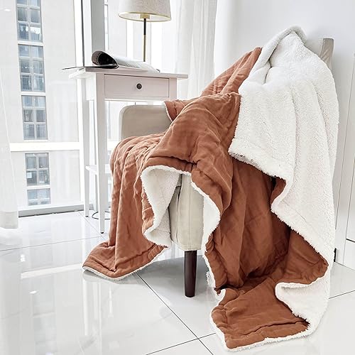 Miniatura 5 de Manta de cama de muselina Sherpa tamaño Queen de 90 x 90 pulgadas de grosor, algodón para otoño e invierno con forro polar sherpa, manta cálida para