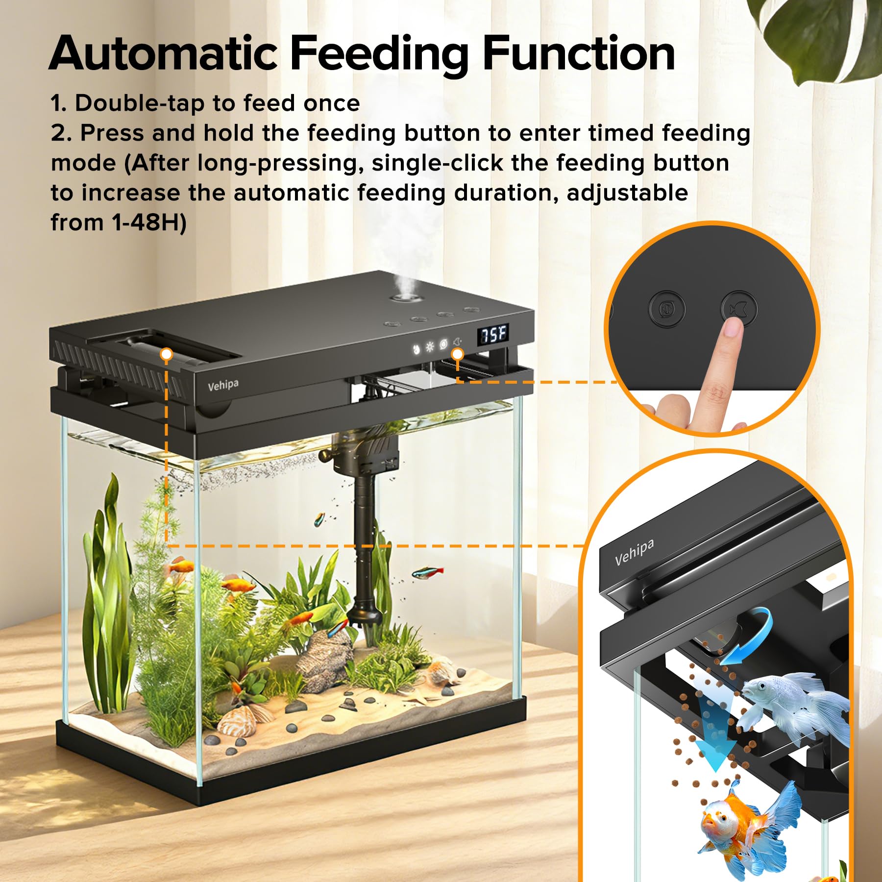 Vehipa Fish Tank, kit per acquario intelligente da 8L nero | alimentatore automatico, pompa dell'acqua, display della temperatura, umidificatore e illuminazione a 7 colori