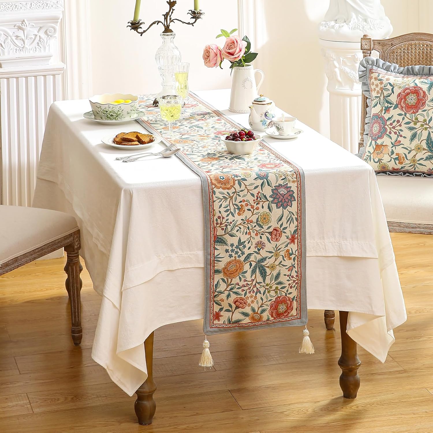 Floral Linen Small Table Runner 63 Inches Long,Wrinkle-Resistant Rustic Farmhouse Decor,Luxury Vintage Runner Table Cloth Accent for Coffee & Dining Table,12"x63" - Flowershadow