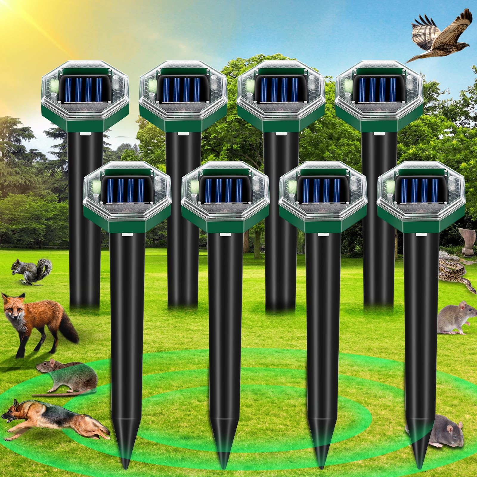Photo 1 of 2026 Upgraded Solar Mole Repellent Ultrasonic Outdoor Sonic Gopher & Vole Deterrent Stakes, IP65 Waterproof Snake Rabbit Groundhog Repeller to Protect Yard, Lawn, Garden 8 Pack