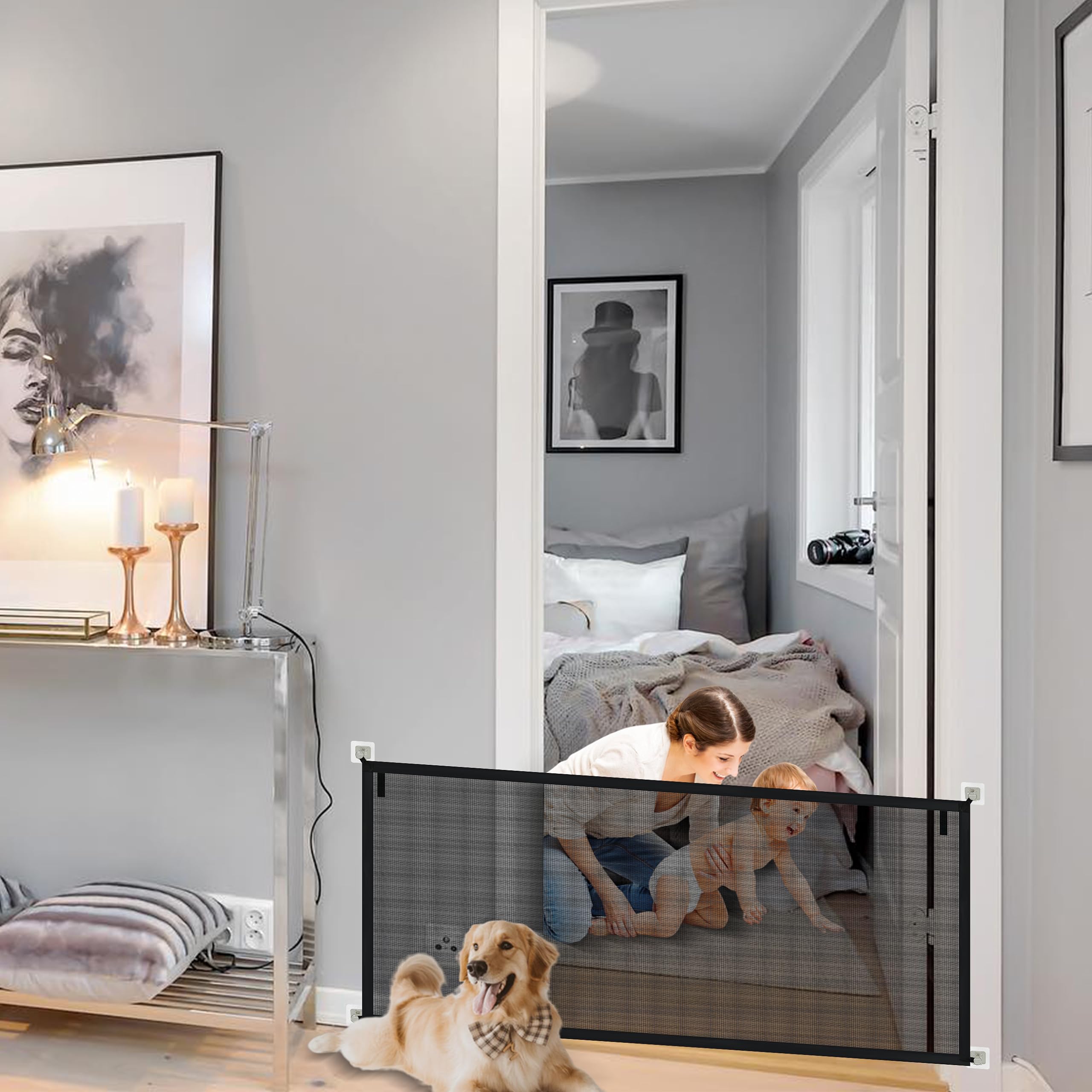 Mesh Baby Pet Gate for The House, Foldable Dog Gate with Magic Hooks