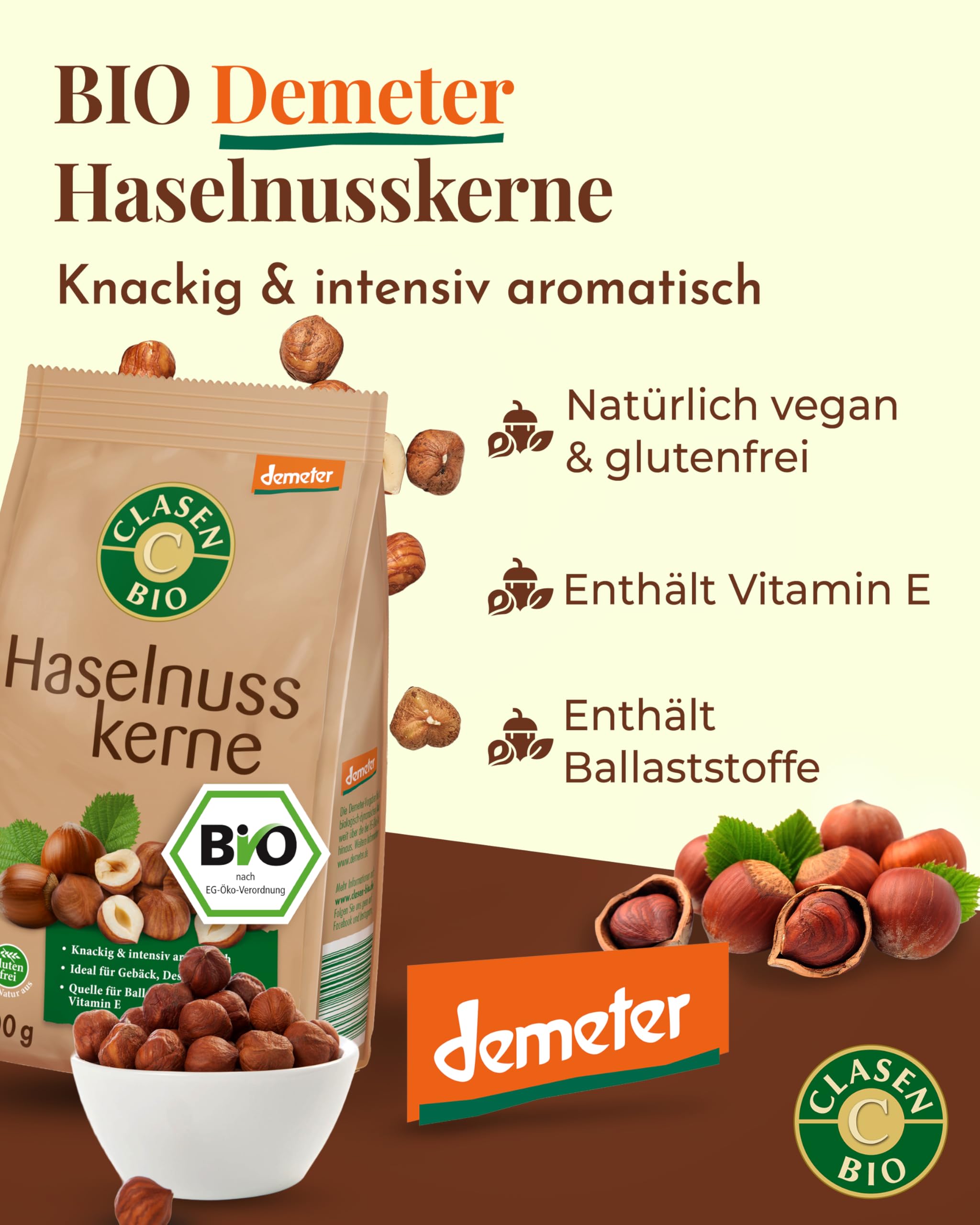 3x CLASEN BIO Demeter Haselnusskerne ohne Schale - 200g
