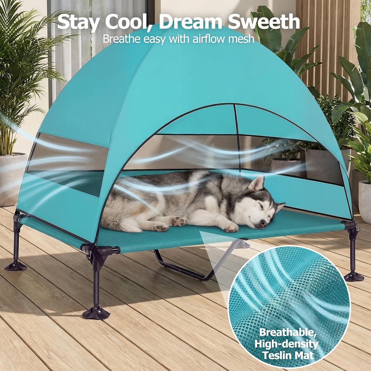 Elevated Dog Bed with UV-Proof Canopy, Outdoor Dog Tent with Powerful Adjustable Feet, Portable Pet Cot with Wider Shade, Raised Cooling Bed for Camping, Patio, Beach, Poolside