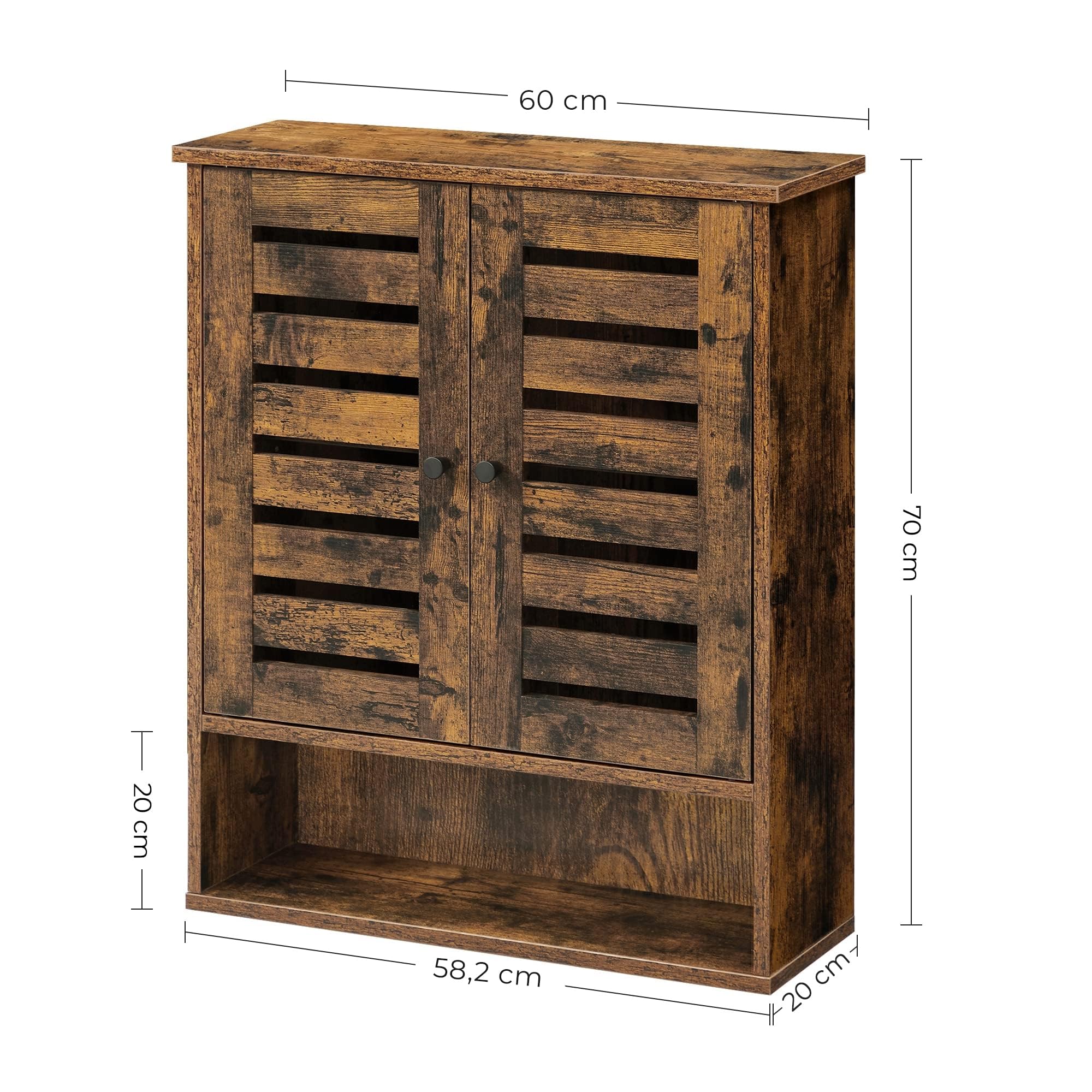 VASAGLE Meuble de Rangement Suspendu pour Salle de Bain, Armoire à Pharmacie, Placard, Compartiment Ouvert, étagère réglable en Hauteur, 60 x 20 x 70 cm, Marron Rustique BBK121X01