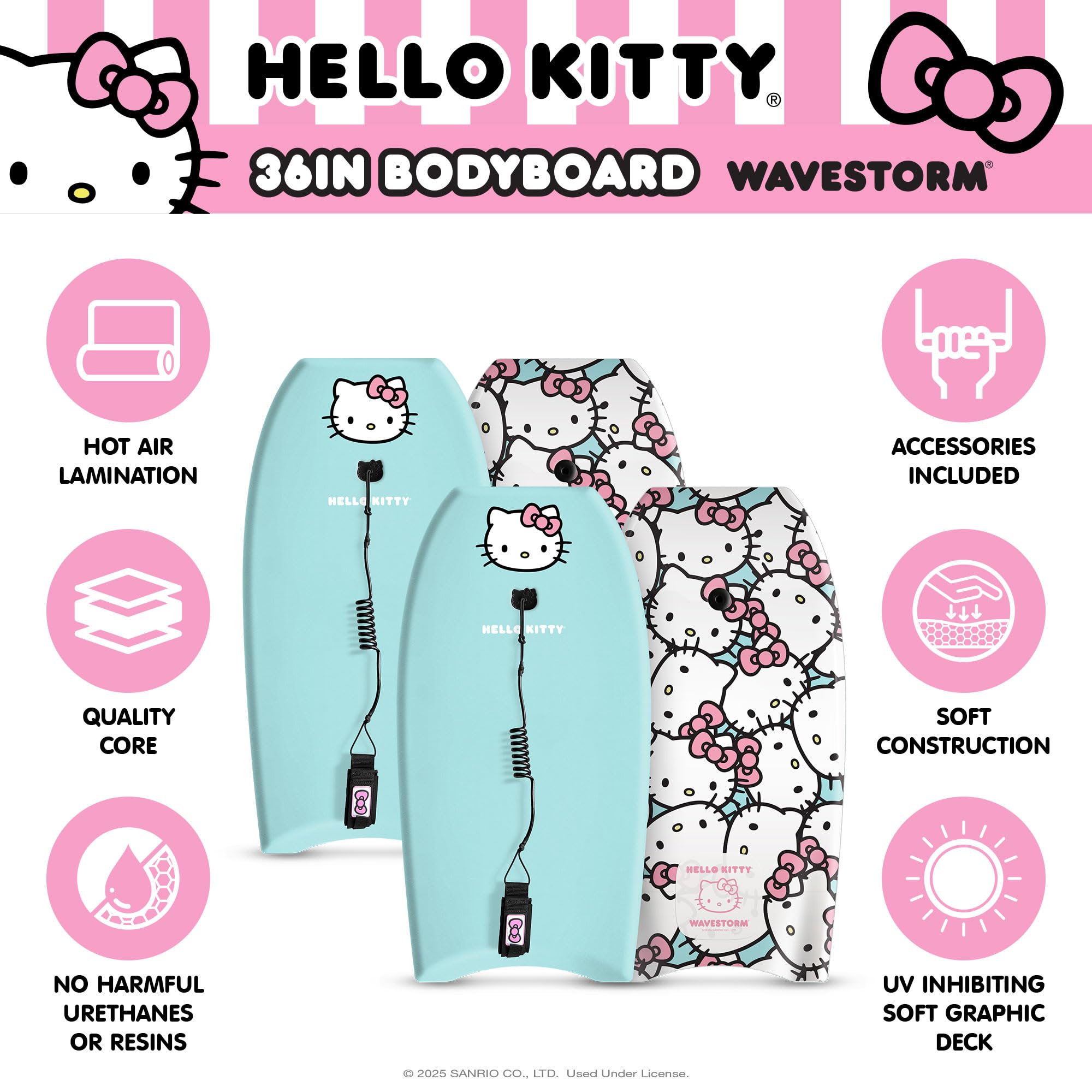 Wavestorm Hello Kitty Bodyboard, 91,4 cm, grafisches Oberdeck mit hochdichter glatter Unterseite, Schaumstoff-Konstruktion mit Zubehör, inklusive verbesserter Spiral-Leine, 2 Stück