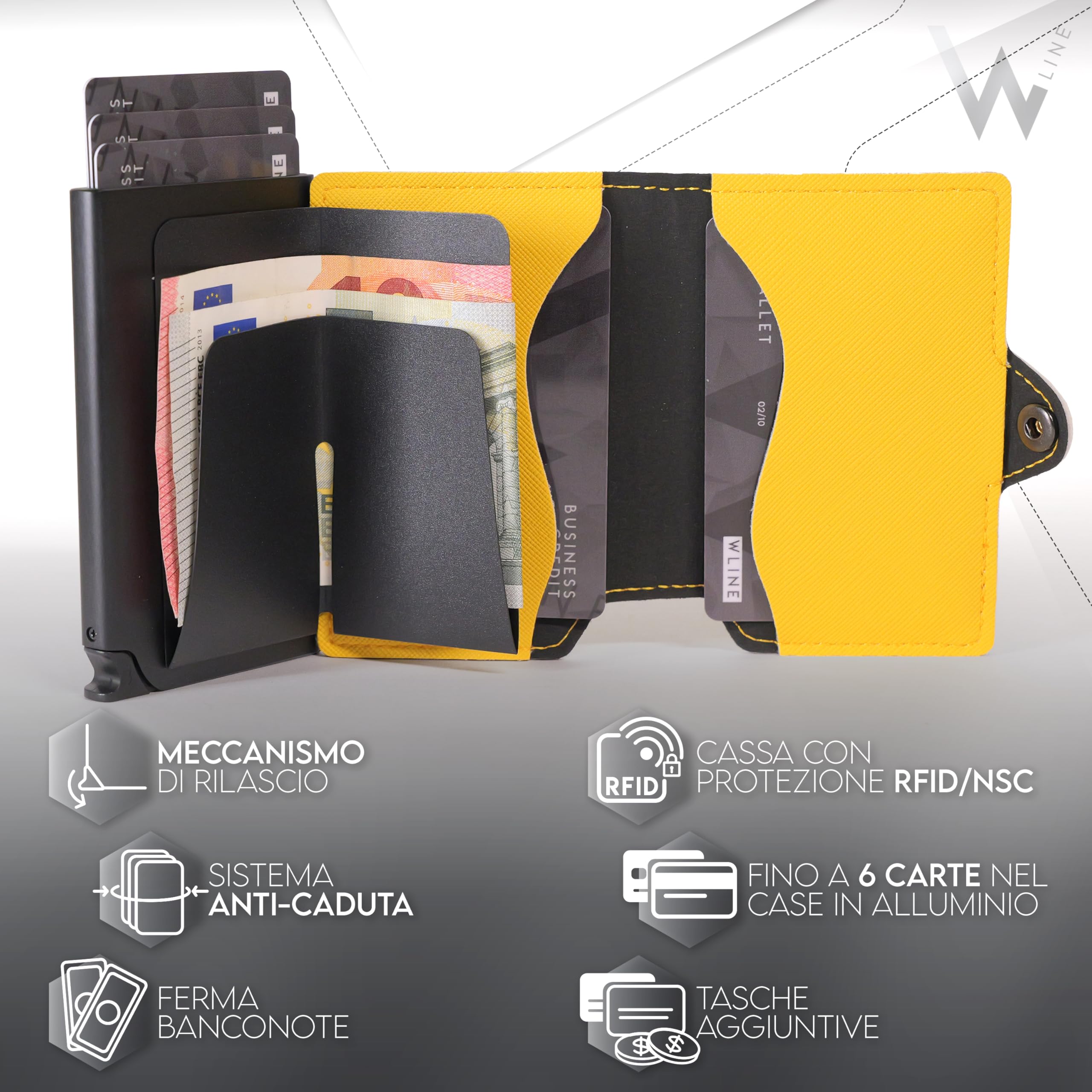 WLine Portafoglio Uomo Slim con Portamonete Rfid Compatto ed Elegante - Porta Carte di Credito Uomo e Donna Schermato in Pelle PU - Portatessere Uomo Tascabile (Giallo e Nero Saffiano, Con Zip)