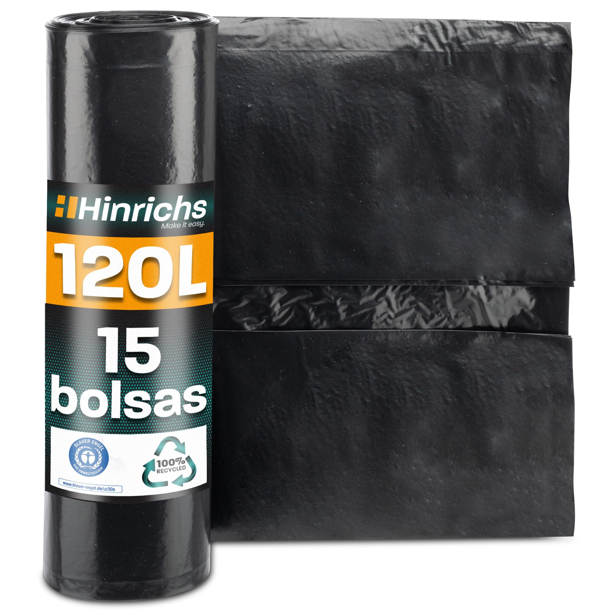 Hinrichs Bolsas de basura extrafuertes de 120 l, rollo de 15 unidades, 70 x 110 cm, resistentes a desgarros, bolsas de basura de polietileno de baja densidad reciclada, bolsas de basura para jardín,