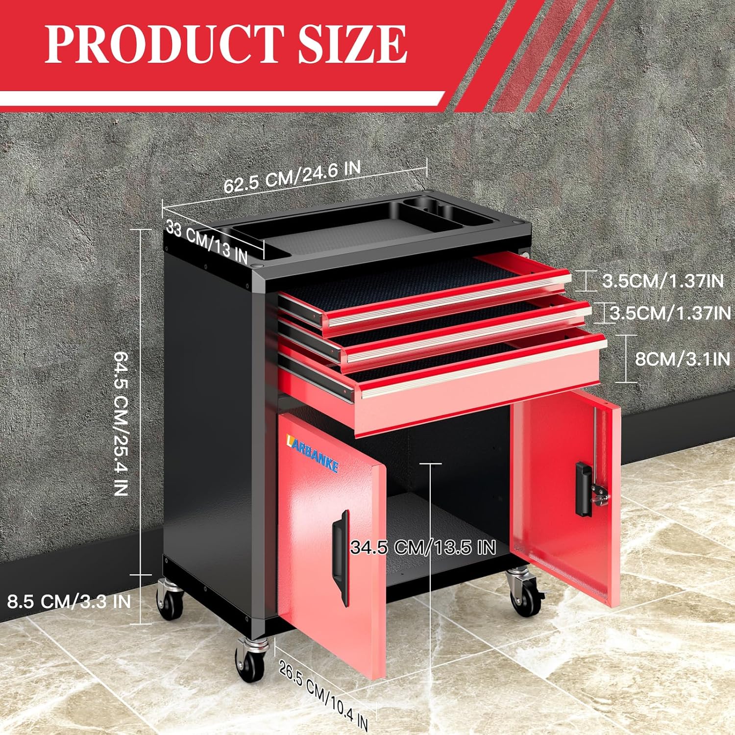 LARBANKE Rolling Tool Chest with 3 Drawers&2 Doors,Tool Chest with 360° Swivel Wheels and Lock&Keys,Tool Cabinet with Drawer Liners and Connecting Rods for Stacking with Other Drawer Chest