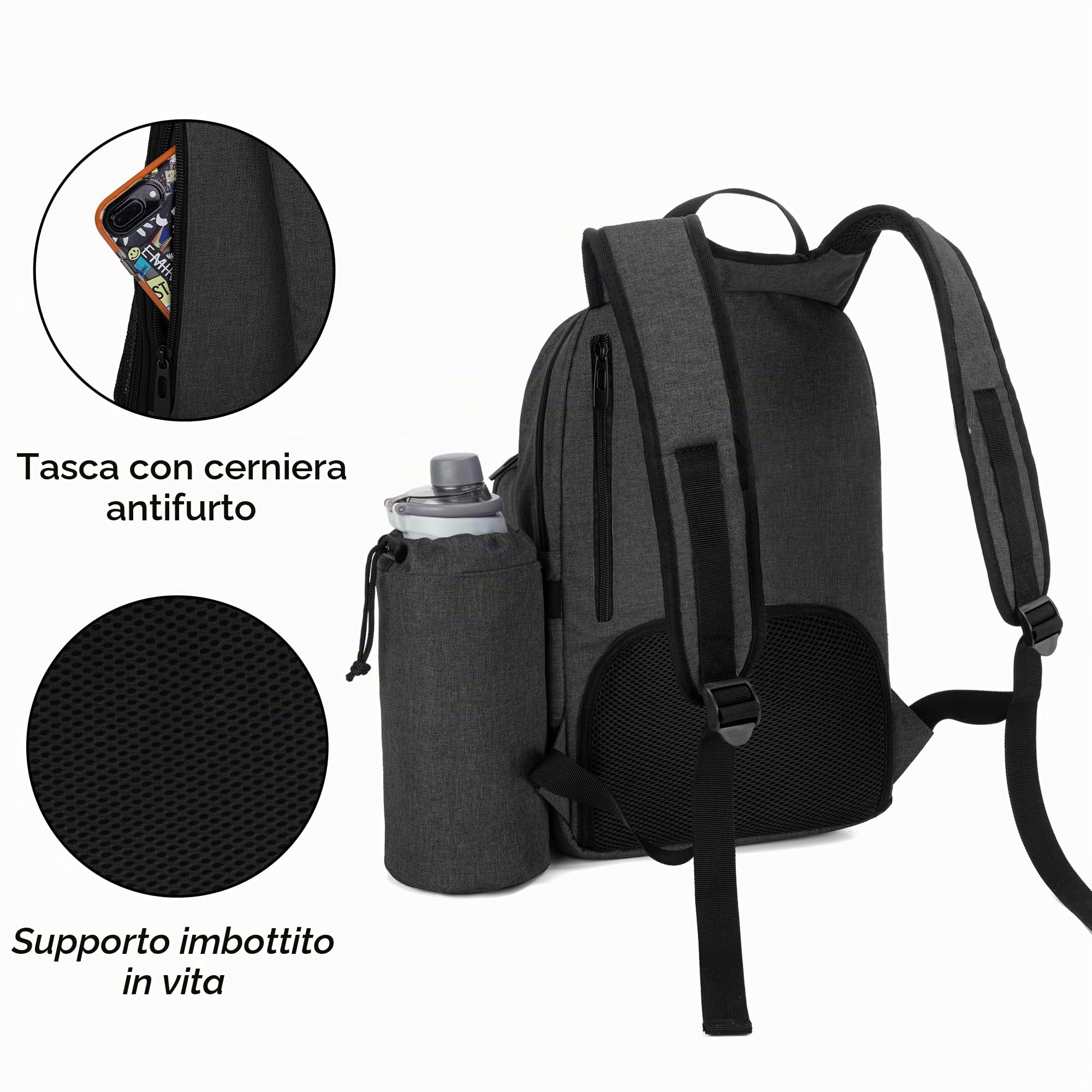 CURMIO Zaino portatile per concentratore di ossigeno, borsa da trasporto POC compatibile con unità Inogen, OxyGo e Caire, solo borsa, Nero (in Attesa di Brevetto) | Borsa per POC Universale, Rete Traspirante, Tasca per Borraccia, Compatibile con Inogen/ O