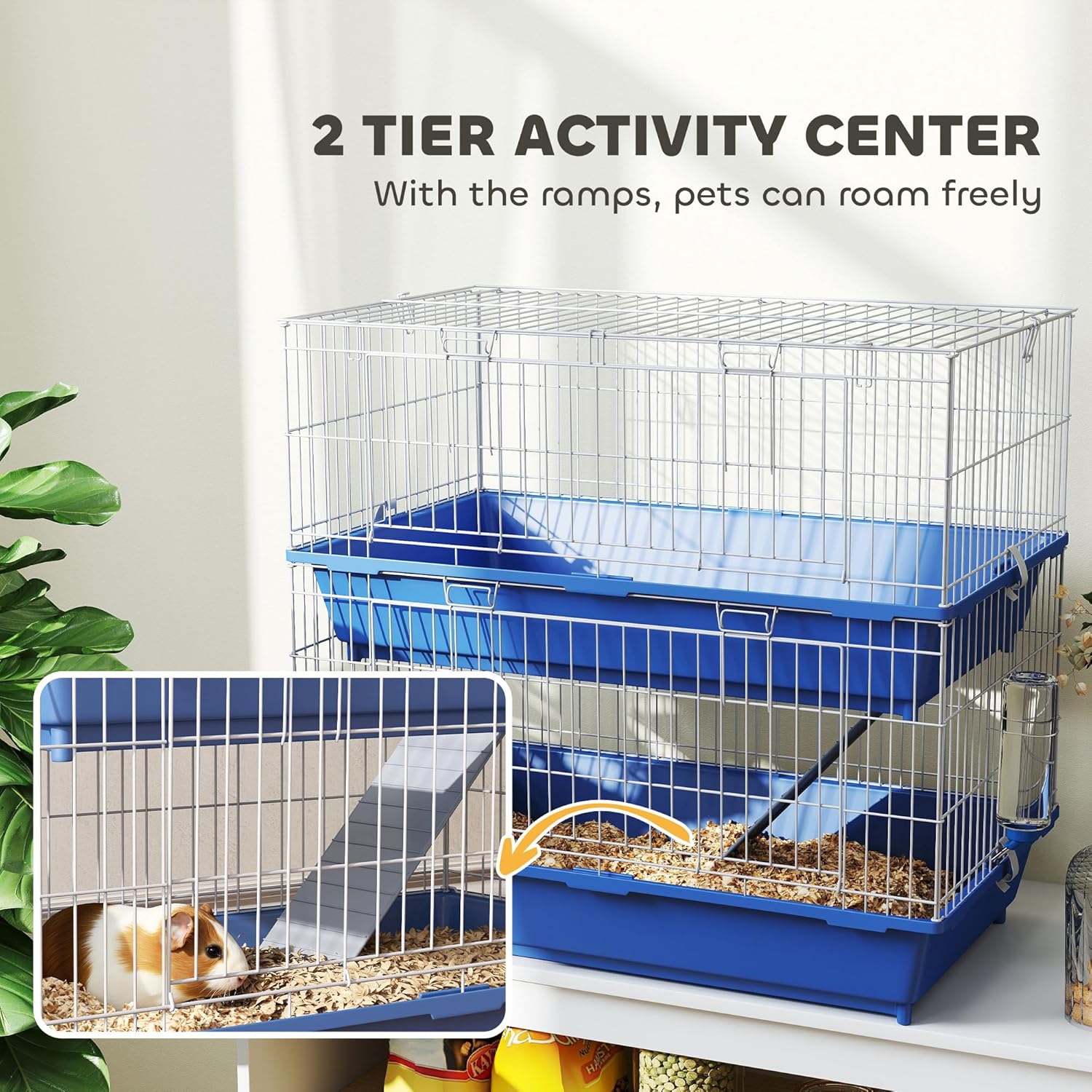 PawHut 2-Tier Guinea Pig Cage, Ferret Cage, Chinchilla Cage, Small Animal Cage Indoor with Dish and Bottle, 2 Doors, Deep Bottoms, Ramp, 28", Blue