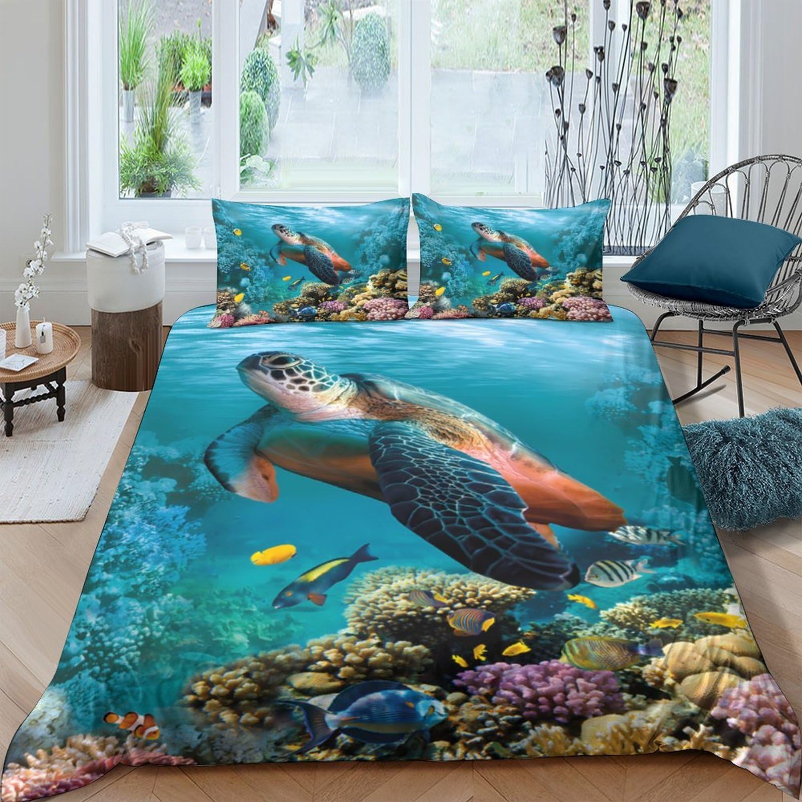 GPLZQXKJNH 3D Printed Sea Turtle Ocean Duvet Cover Microfiber Soft Breathable Coral Reef Bedding Set with 2 Pillowcases for Bedroom Decor, Single（135x200cm）