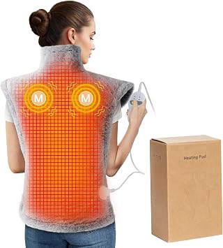 Massaging Heating Pad for Neck and Shoulders and Back, Fathers Day Men Gifts, 24" x 35" Large Electric Heating Pad with 3 Heat Levels, 4 Massage Settings, Auto Shut-Off, 2 Massage Motors,Grey