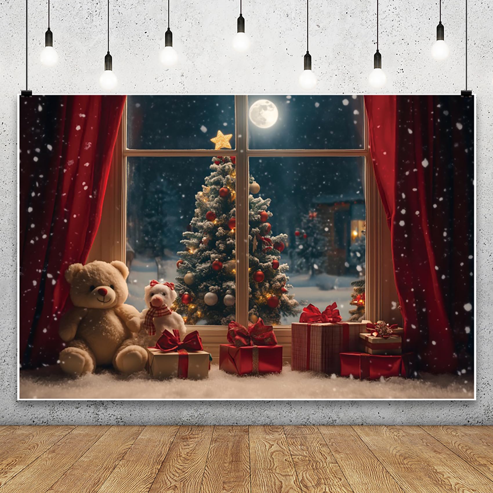 6x3m Sfondo fotografico natalizio Scena notturna invernale innevata Albero di Natale di lusso Sfondo fotografico Tenda rossa Orso carino Ritratto di Capodanno Studio Prop