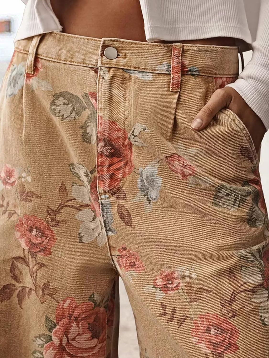 Flamingals Floral Print Wide Leg Cropped Pants for Women Trendy Mid Rise Boho Ankle Cute Jeans