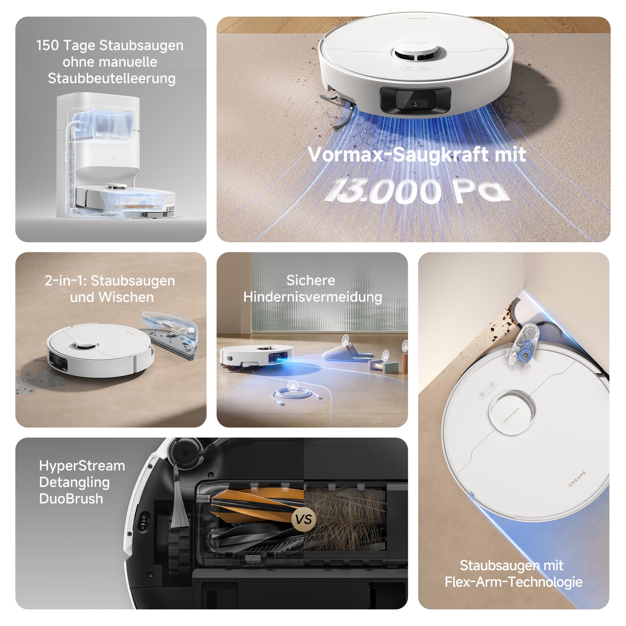 dreame D20 Pro Plus Saugroboter, 13.000 Pa Saugkraft, DuoBrush für Tierhaare, Eckenrein, Selbstentl, Hindernisverm. m. LDS-Navigation & Laser, saugt und wischt, Hartböden & Teppiche, 5.200 mAh Akku