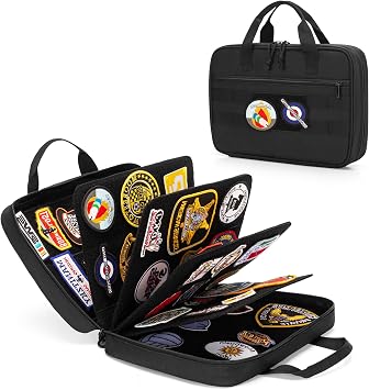 Patch Display Case, Patch Board Storage Bag, Flip-Page Patch Book, Black | 4 Flexible Removable Metal Binders and a Handle, Extra 1 Zipper Pocket, 10 Pages Can Be Used, for Collection, Case Only