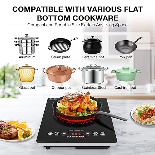 Miniatura 5 de VBGK Cocina eléctrica de un solo quemador, estufa eléctrica de 110 V 1800 W con control táctil LED, quemador eléctrico único 9 niveles de potencia,