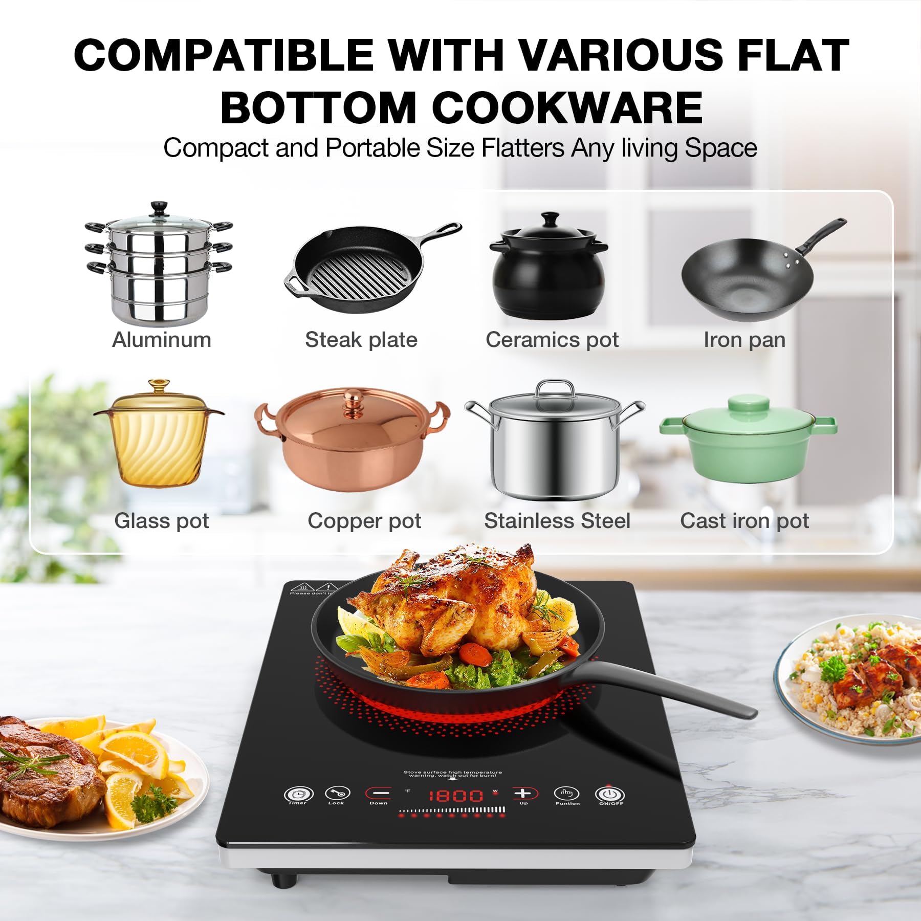 Cocina eléctrica de un solo quemador, estufa eléctrica de 110 V 1800 W con control táctil LED, quemador eléctrico único 9 niveles de potencia, 4 hTimer, bloqueo de seguridad, protección contra 5